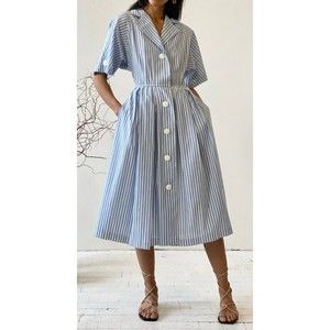 Vintage 80s Striped Shirt Dress Blue White Modest Secretary 29-32 Waist 8 10 USA